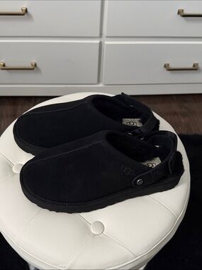 UGG Black Suede Backstrap Shearling Clogs